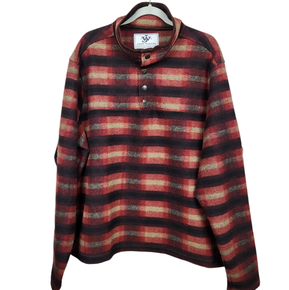 John Wayne Plaid Striped Fleece Wooly 1/4 Snap Pull Over Top Men's Size 2X XXL